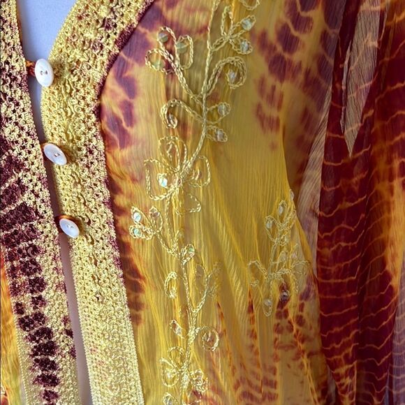 Vibrant Tie-Dye Button-Up Cardigan Duster Crochet Hems Side Slits - Picture 3 of 12